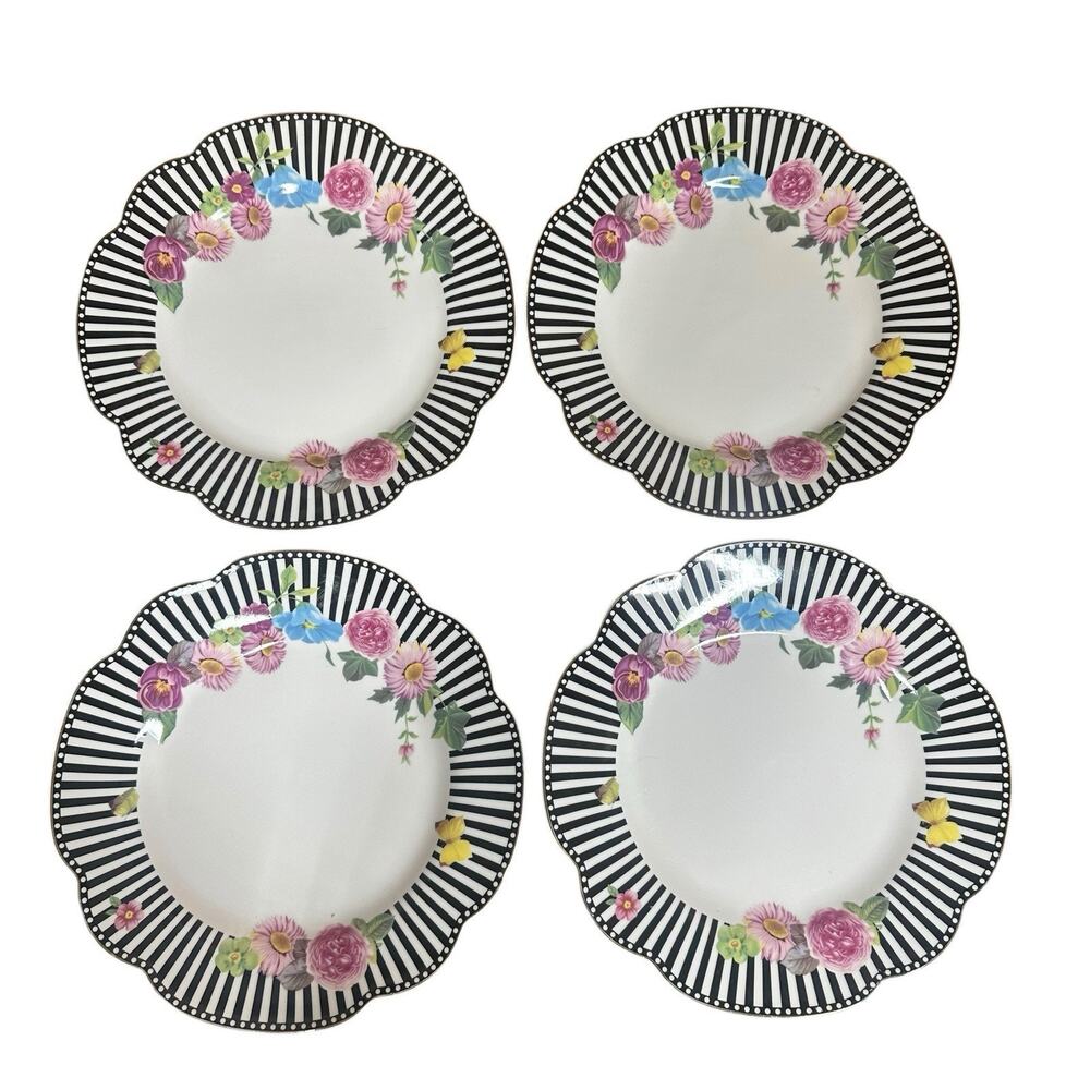 Grace Teaware 9.25” Salad Appetizer Black White Stripe & Flowers Plates Set of 4